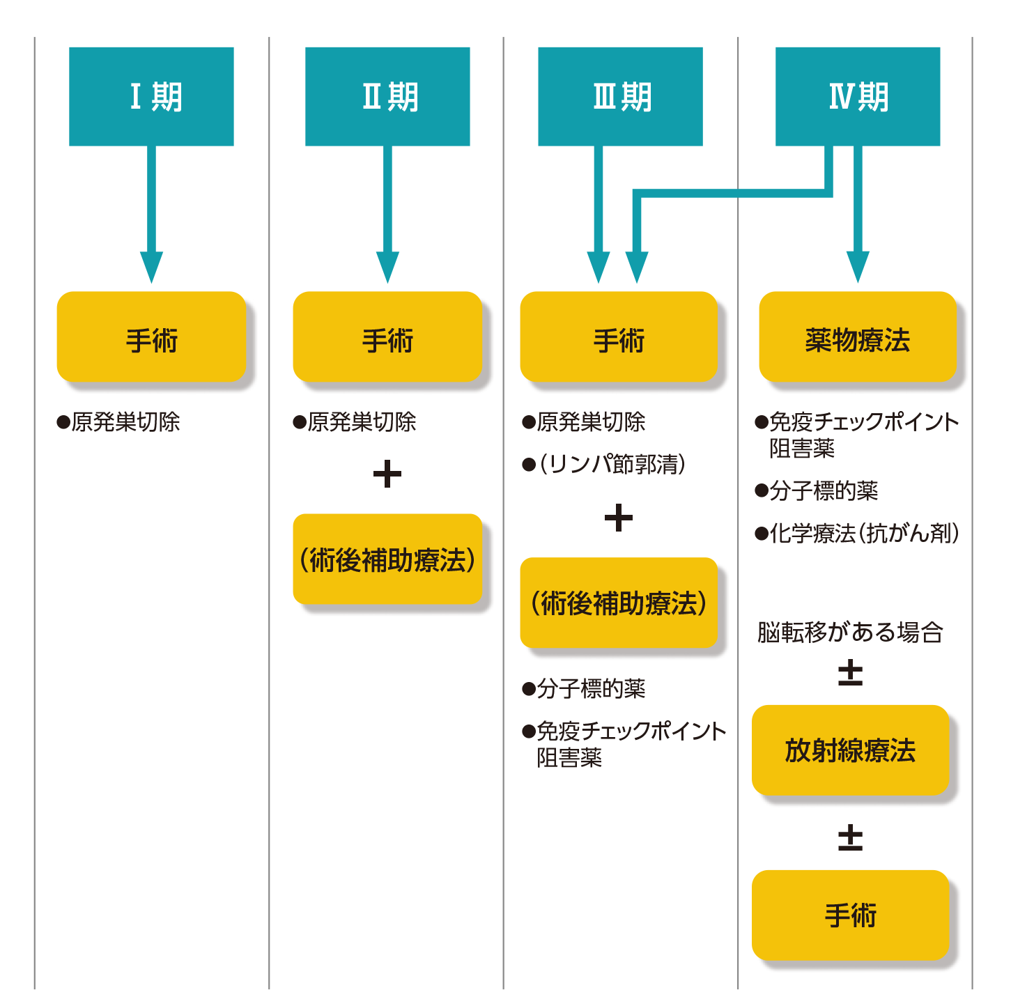 悪性黒色腫（メラノーマ）の病気ごとの主な治療法チャート図。1から２期では手術（+術後補助療法）。3期では、手術+リンパ節郭清（+術後補助療法）。4期では、薬物療法（がん免疫療法・分子標的療法・化学療法）、脳転移がある場合は放射線療法